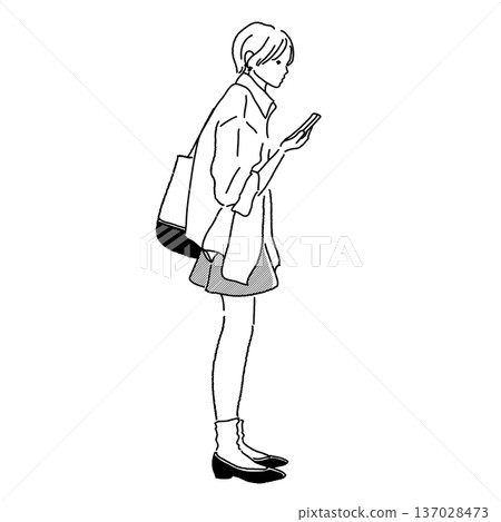 Monochrome line drawing of a college student wearing a big silhouette shirt in spring. Full-body illustration. Monochrome line drawing of a college student wearing a big silhouette shirt in spring. Full-body illustration. 137028473