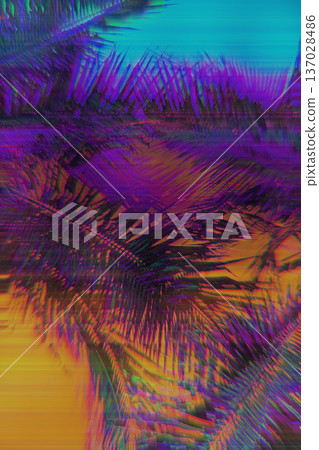 Glitch Effect with Palm Leaves in Neon Purple, Blue, Orange for Y2K Aesthetic 137028486