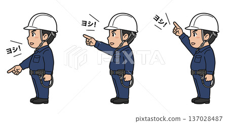 一組插圖，描繪了工人們指著前方喊叫危險預測KY活動安全確認良好！ 137028487