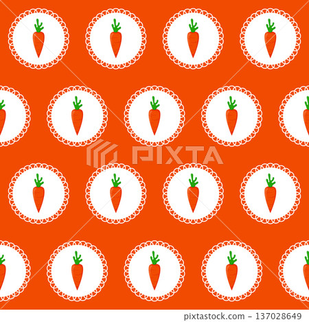 Seamless pattern with cute carrots in decorative circles on a vibrant orange background. Perfect for festive fabrics, Easter wrapping, textiles, packaging, and design projects. Vector illustration 137028649