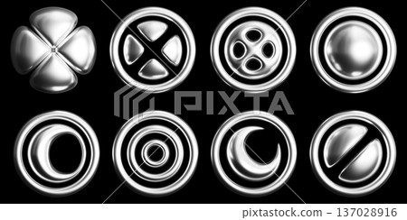 Chrome y2k abstract shapes. Render 3d set of inflatable metal rings with flower, moon, sphere, ripple circles. Glossy silver elements isolated on black bg, retro futuristic aesthetic. 3D illustration Chrome y2k abstract shapes. Render 3d set of inflatable metal rings with flower, moon, sphere, ripple circles. Glossy silver elements isolated on black bg, retro futuristic aesthetic. 3D illustration 137028916