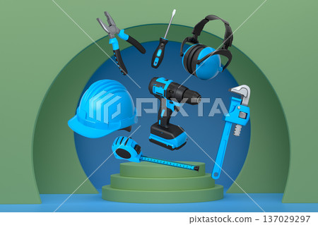 Construction tools and safety equipment floating over podium on abstract background, industrial work and protection concept 137029297