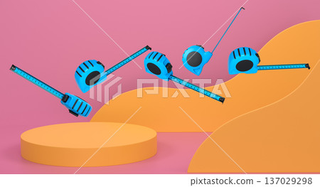 Multiple tape measures levitating in mid-air above podium, minimal style, abstract background. Concept of measurement tools Multiple tape measures levitating in mid-air above podium, minimal style, abstract background. Concept of measurement tools 137029298