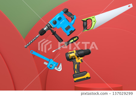 Construction tools and safety equipment floating over podium on abstract background, industrial work and protection concept Construction tools and safety equipment floating over podium on abstract background, industrial work and protection concept 137029299