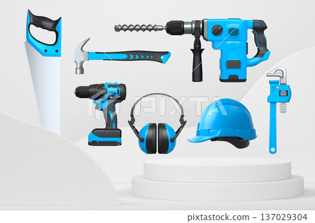 Construction tools and safety equipment floating over podium on abstract background, industrial work and protection concept 137029304