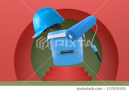 Hard hat, paint bucket and roller brush floating in air over podium on abstract background, renovation and construction tools 137029305