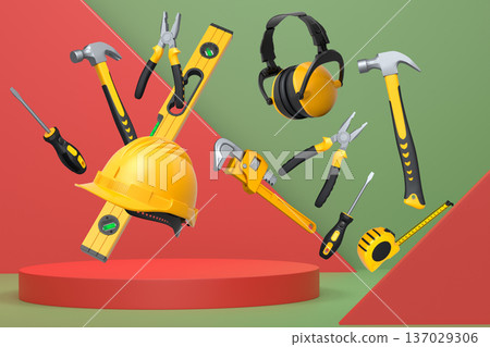 Construction tools and safety equipment floating over podium on abstract background, industrial work and protection concept Construction tools and safety equipment floating over podium on abstract background, industrial work and protection concept 137029306