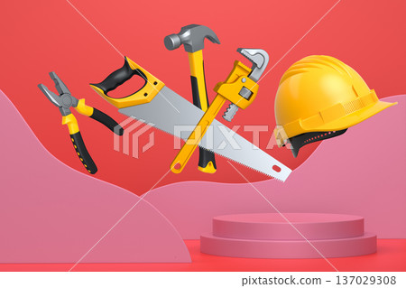 Construction tools and safety equipment floating over podium on abstract background, industrial work and protection concept Construction tools and safety equipment floating over podium on abstract background, industrial work and protection concept 137029308