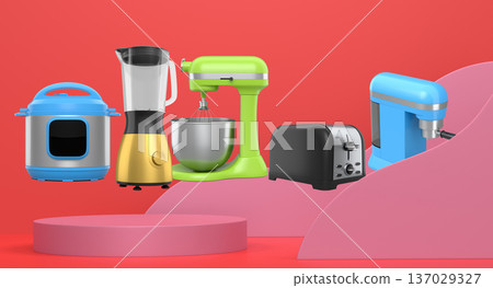 Set of kitchen appliances including mixer, toaster, blender, and coffee maker on white colorful podium and background 137029327