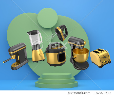Set of kitchen appliances including mixer, toaster, blender, and coffee maker on white colorful podium and background 137029328
