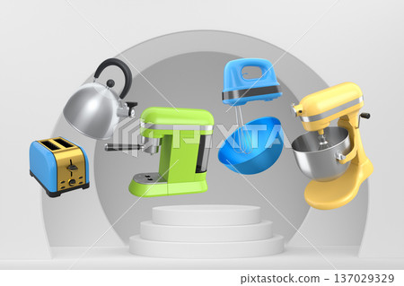 Set of kitchen appliances including mixer, toaster, blender, and coffee maker on white colorful podium and background 137029329