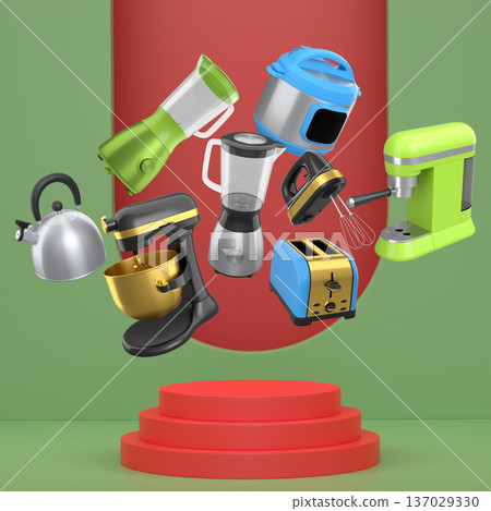 Set of kitchen appliances including mixer, toaster, blender, and coffee maker on white colorful podium and background 137029330