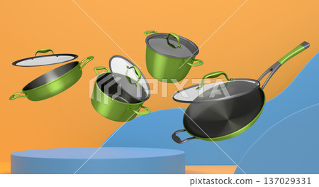 Set of kitchen cookware set with lids floating in midair, over colorfull podium and backdrop, concept of premium utensils 137029331