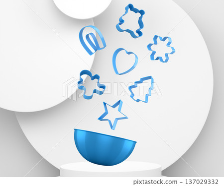 Set of cookie cutters float above a bowl and podium with abstract background, symbolizing baking creativity Set of cookie cutters float above a bowl and podium with abstract background, symbolizing baking creativity 137029332