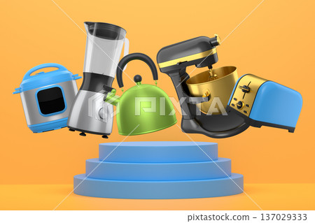 Set of kitchen appliances and utensils floating in mid-air over podium and abstract background, modern cooking concepts 137029333