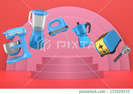 Set of kitchen appliances and utensils floating in mid-air over podium and abstract background, modern cooking concepts 137029335