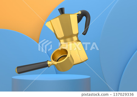 Set of moka pot and portafilter with black handles floating above pedestal and abstract minimal abstract background, 137029336