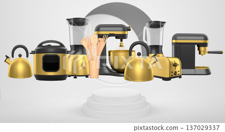 Set of kitchen appliances including mixer, toaster, blender, and coffee maker on white colorful podium and background Set of kitchen appliances including mixer, toaster, blender, and coffee maker on white colorful podium and background 137029337