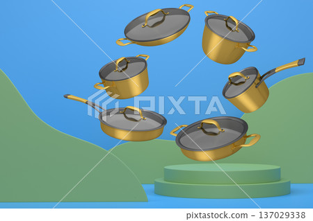 Set of kitchen cookware set with lids floating in midair, over colorfull podium and backdrop, concept of premium utensils Set of kitchen cookware set with lids floating in midair, over colorfull podium and backdrop, concept of premium utensils 137029338