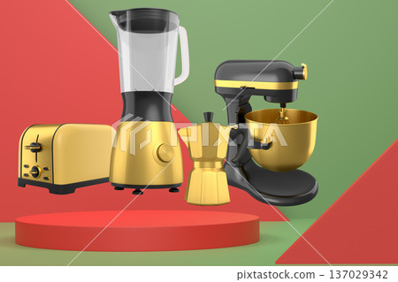 Set of kitchen appliances and utensils floating in mid-air over podium and abstract background, modern cooking concepts 137029342