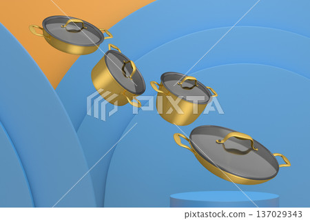 Set of kitchen cookware set with lids floating in midair, over colorfull podium and backdrop, concept of premium utensils 137029343