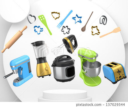 Set of kitchen appliances with baking tools and cookie cutters floating over podium, concept of modern cooking Set of kitchen appliances with baking tools and cookie cutters floating over podium, concept of modern cooking 137029344