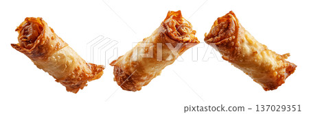 Set of Australia Chiko Roll or crispy  fried chicken wrap stuffed with melted cheese, bell peppers, and meat, on white background 137029351