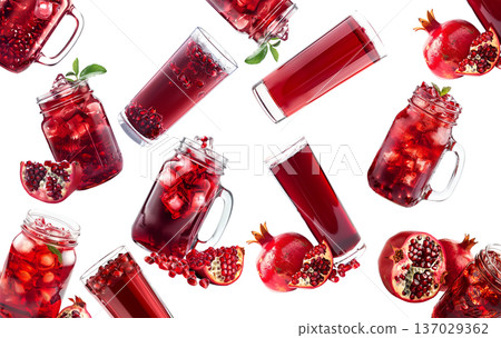 Pomegranate juice jars with ice and fruits isolated on white background, concept of natural freshness Pomegranate juice jars with ice and fruits isolated on white background, concept of natural freshness 137029362