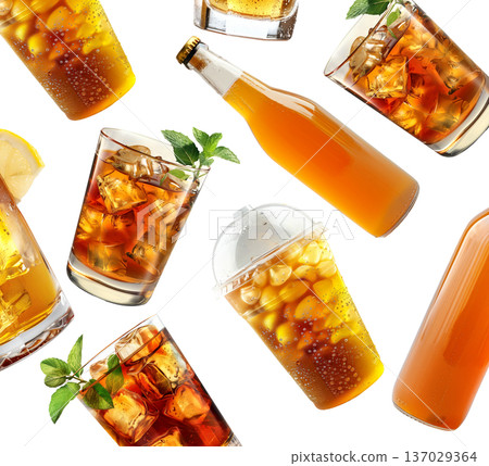 Glasses and bottles of iced tea with lemon and mint isolated on white background, concept of refreshing drink Glasses and bottles of iced tea with lemon and mint isolated on white background, concept of refreshing drink 137029364