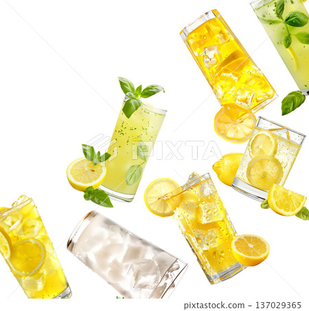 Assorted lemon beverages with herbs and ice, lemonade isolated on white background, fresh summer refreshment concept Assorted lemon beverages with herbs and ice, lemonade isolated on white background, fresh summer refreshment concept 137029365