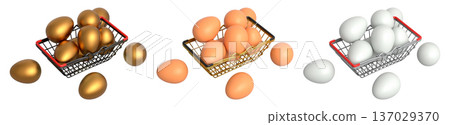 Wire baskets filled with eggs, isolated on white transparent background, concept of kitchen storage 137029370