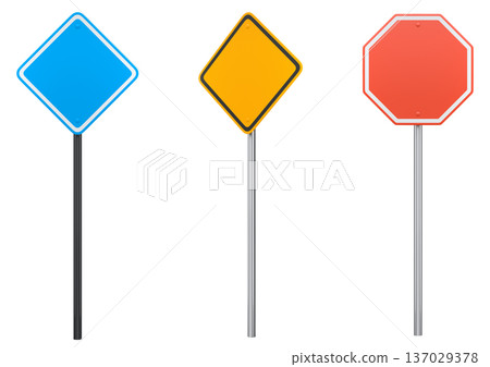 Blank traffic signs with different shapes and colors on metal poles on white background with clipping path, concept of road safety Blank traffic signs with different shapes and colors on metal poles on white background with clipping path, concept of road safety 137029378