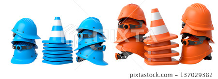 Stack of construction helmets and traffic cones isolated white background with clipping path, representing safety equipment Stack of construction helmets and traffic cones isolated white background with clipping path, representing safety equipment 137029382