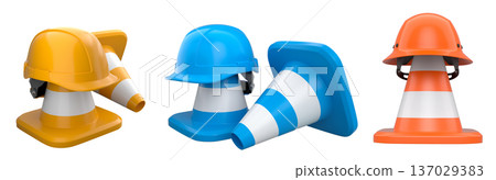 Stack of construction helmets and traffic cones isolated white background with clipping path, representing safety equipment 137029383
