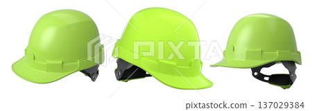 Set of construction safety helmets isolated on white transparent background, symbolizing safety and industry standards 137029384