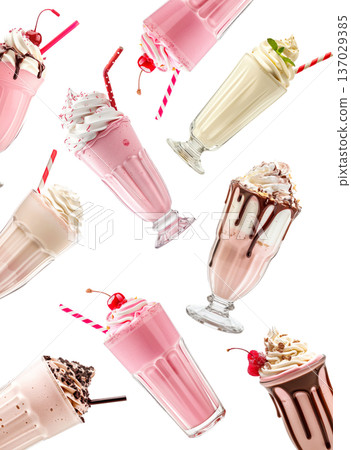 Multiple milkshakes with whipped cream shown isolated on white background, concept of sweet dessert treats 137029385