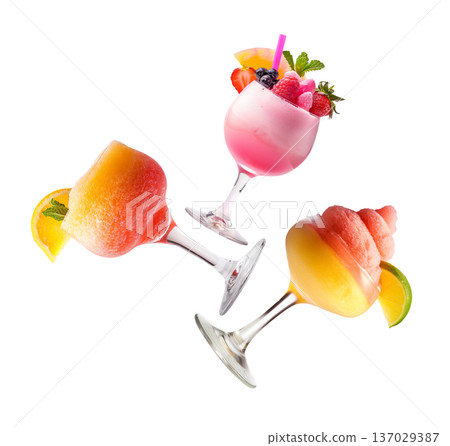 Assorted vibrant frozen beverages sherbet and ice cream isolated on white background, expressing summer refreshment concept 137029387