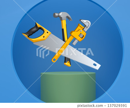 Colorful saw, hammer, and wrench floating in mid-air above white pedestal or podium, concept of construction and repair Colorful saw, hammer, and wrench floating in mid-air above white pedestal or podium, concept of construction and repair 137029391