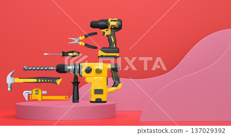 Construction tools and safety equipment floating over podium on abstract background, industrial work and protection concept Construction tools and safety equipment floating over podium on abstract background, industrial work and protection concept 137029392