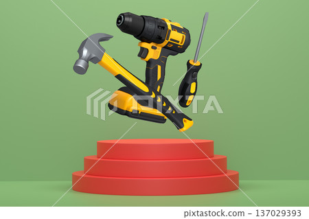 Construction tools and safety equipment floating over podium on abstract background, industrial work and protection concept Construction tools and safety equipment floating over podium on abstract background, industrial work and protection concept 137029393
