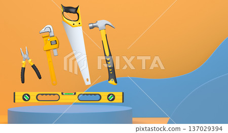 Colorful saw, hammer, and wrench floating in mid-air above white pedestal or podium, concept of construction and repair Colorful saw, hammer, and wrench floating in mid-air above white pedestal or podium, concept of construction and repair 137029394