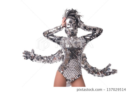 Stunning dancer wearing reflective costume poses in artistic expression Stunning dancer wearing reflective costume poses in artistic expression 137029514