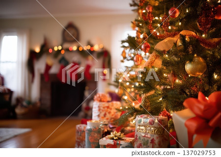 Blurred Christmas tree lights and wrapped presents creating nostalgic glow, shallow depth of field highlights warm tones and vintage ornaments, intimate holiday evening mood 137029753