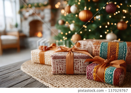 Comfortable home holiday scene, Charming living space with festive touches and cozy ambiance, Intimate and inviting room adorned with seasonal decorations and gentle lighting Comfortable home holiday scene, Charming living space with festive touches and cozy ambiance, Intimate and inviting room adorned with seasonal decorations and gentle lighting 137029767