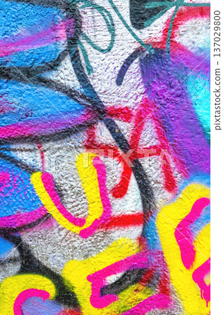 Colorful Urban Graffiti Art with Blue, Pink, Yellow, Red, Black Spray Paint in 90s, Y2K Street Style Colorful Urban Graffiti Art with Blue, Pink, Yellow, Red, Black Spray Paint in 90s, Y2K Street Style 137029800