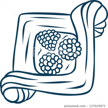 Blue sketch line doodle of French bun with raspberries on puff pastry. Simple dessert icon for culinary illustrations, baking blogs or food packaging Blue sketch line doodle of French bun with raspberries on puff pastry. Simple dessert icon for culinary illustrations, baking blogs or food packaging 137029973