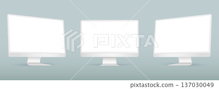 Realistic computer screen mockup. White computer display on three sides with blank screen. 137030049