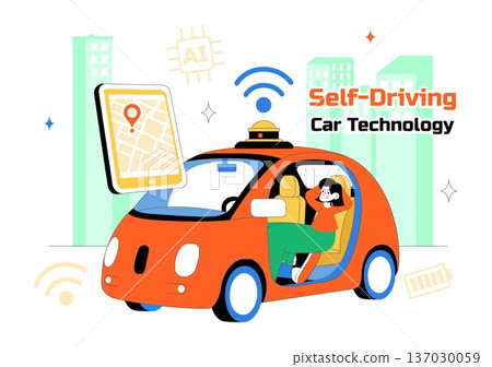 Self Driving Car Technology Vector Illustration Featuring Smart Autonomous Vehicle System And Digital Navigation In a Flat Style Background 137030059