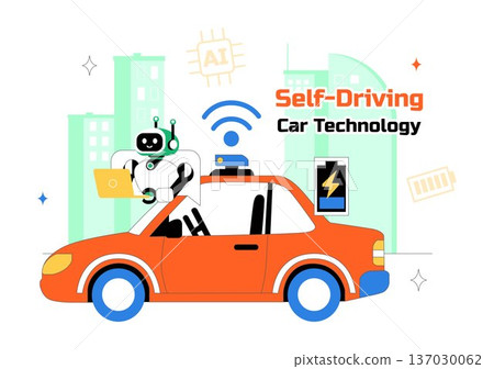 Self Driving Car Technology Vector Illustration Featuring Smart Autonomous Vehicle System And Digital Navigation In a Flat Style Background Self Driving Car Technology Vector Illustration Featuring Smart Autonomous Vehicle System And Digital Navigation In a Flat Style Background 137030062