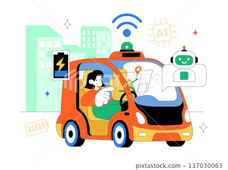 Self Driving Car Technology Vector Illustration Featuring Smart Autonomous Vehicle System And Digital Navigation In a Flat Style Background 137030063